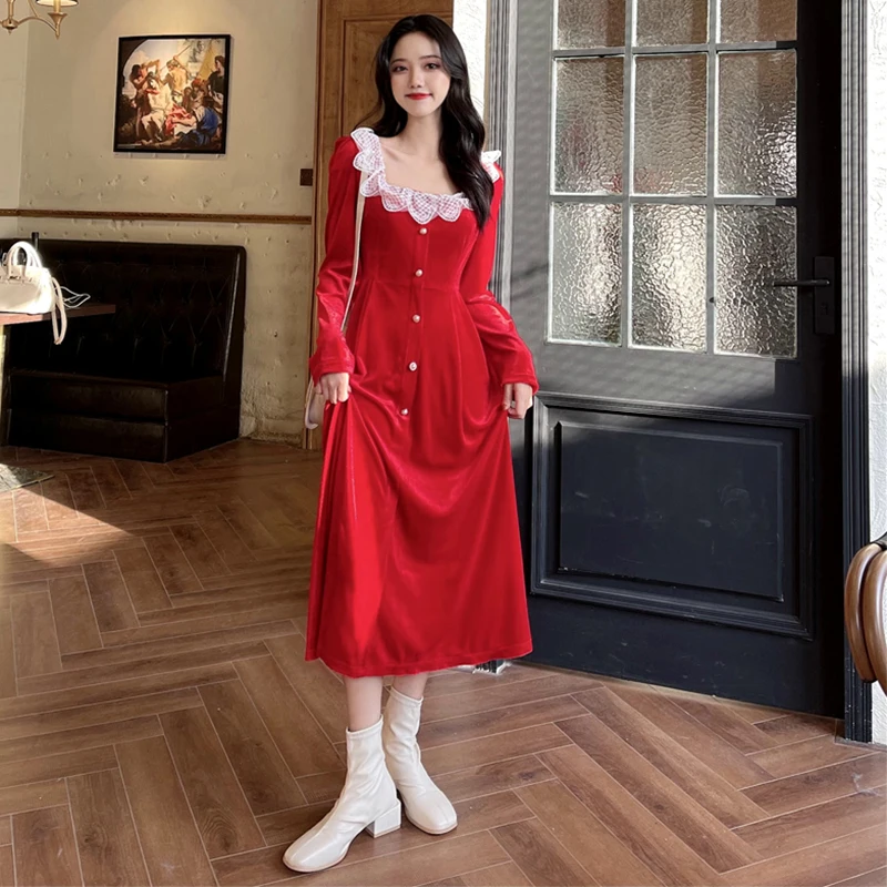 

Red Velvet Mid-Length Dress Women's Autumn and Winter French Style Retro Square Collar Waist-Tight Slimming sweet lolita dress
