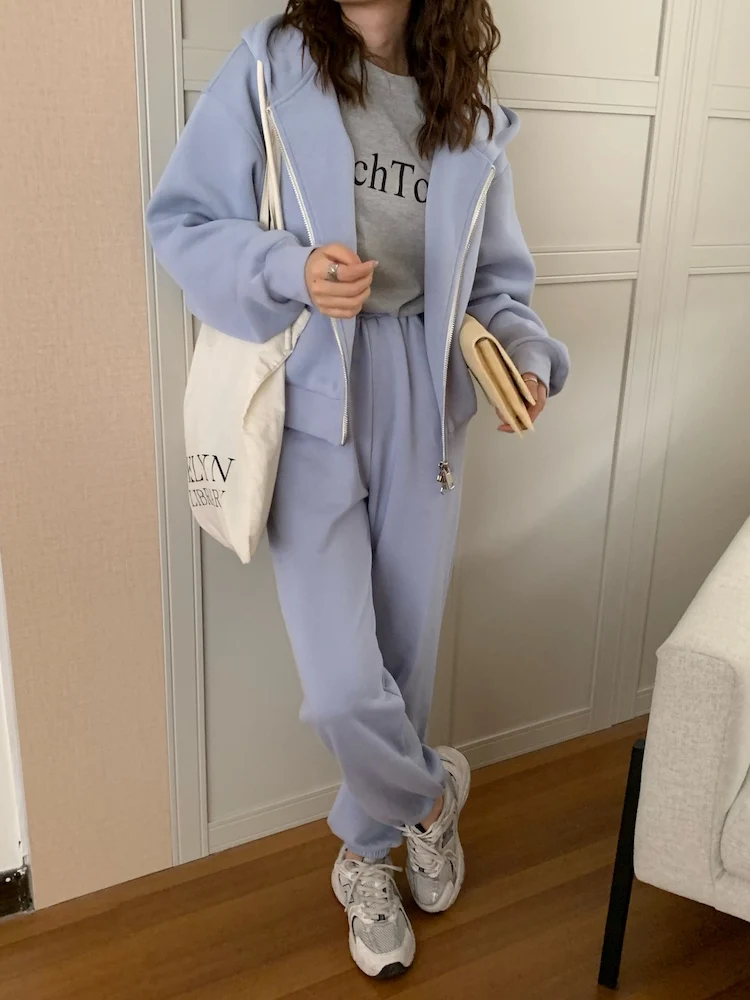 

Winter Fleece Warm Casual Sports Suit Women'S Loose Zipper Hooded Cardigan With Carrot Sweatpants Two-Piece Autumn Pantsuit