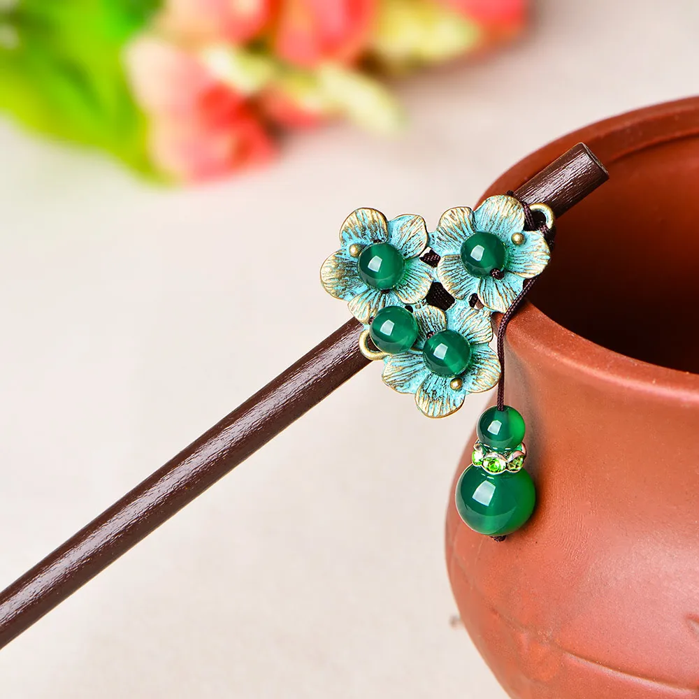 Шпилька для волос с нефритовым камнем и цветами Очаровательная ювелирные