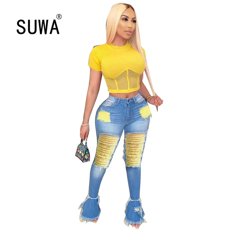 

2020 women fashion blue high pockets hip women pants hole special design leggings high street lady fashion women pants