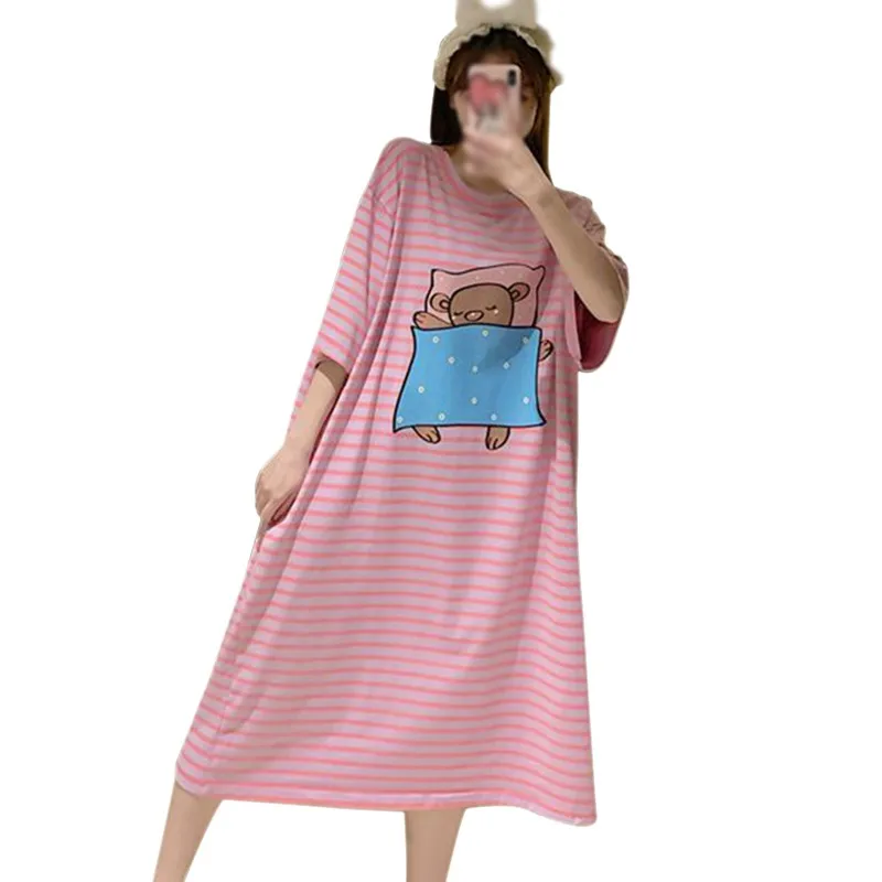 

Ночная сорочка женская в полоску, ночная рубашка с длинным рукавом, мультяшный рисунок, ночная рубашка, большие размеры