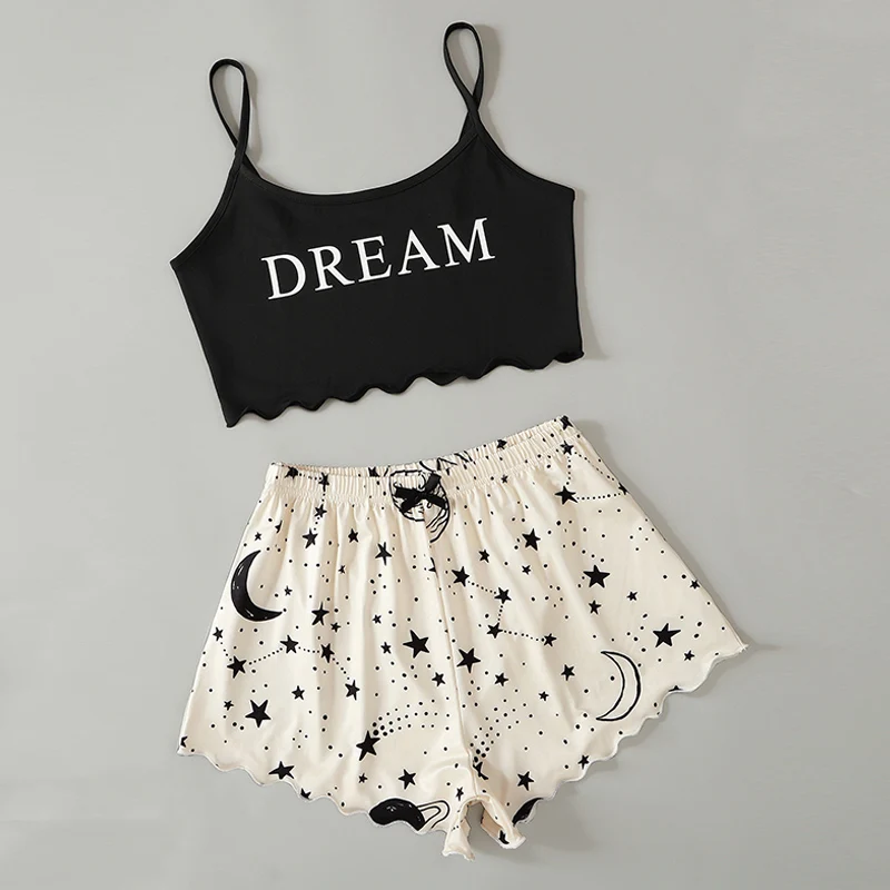 

2021 Plus Size Lovely Casual DREAM Letter Printed Camis Tank Tops Shorts Two Pieces Sets Women Pajama Sets Dropshipping