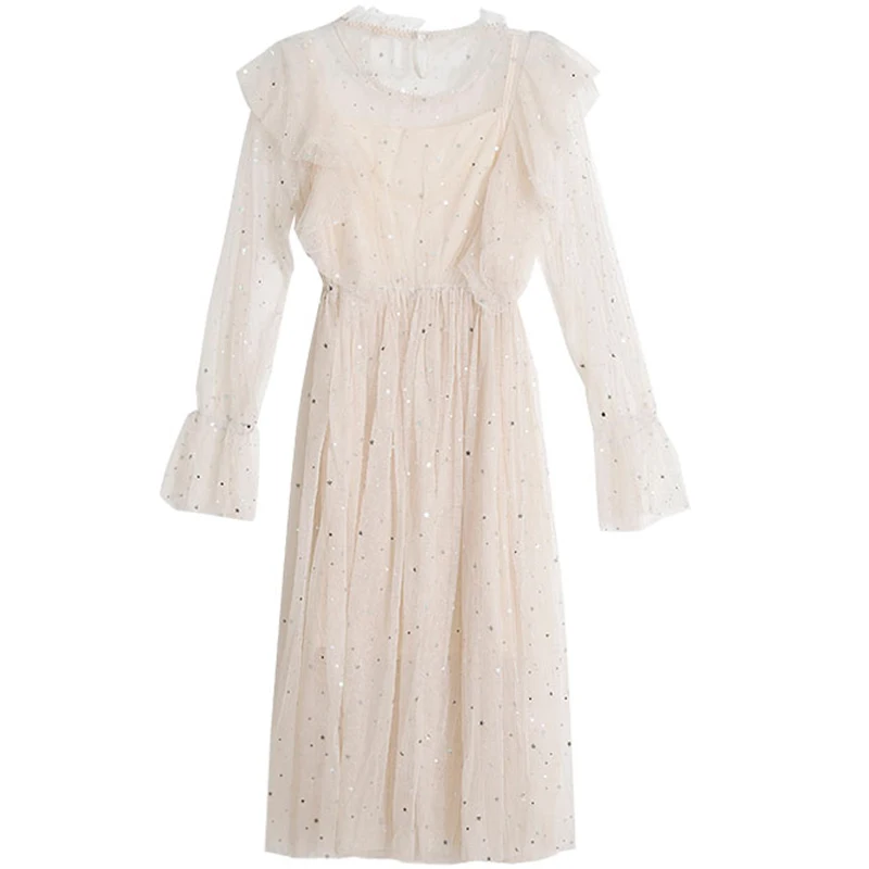 

New Japanese Style Spring Summer Stars Sequins Mesh Dress Women Elegant O-neck Sweet Bling Gauze Princess Puff Dresses Vestidos