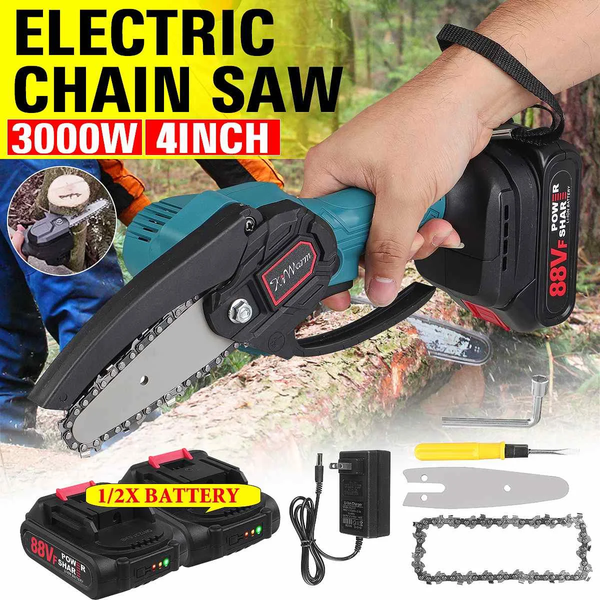 

Мини-пила цепная электрическая, 3000 Вт, 4 дюйма, 88 в, с аккумулятором 1/2 шт.