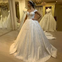 luxury ball gown lace satin wedding dresses 2020 custom made short sleeves appliques bridal gowns vestidos de novias dress bride
