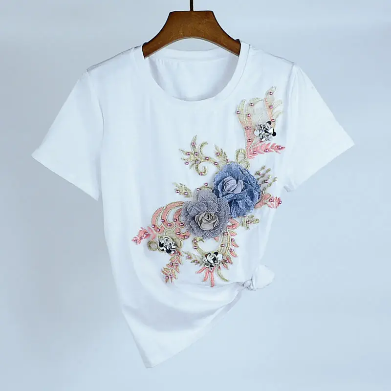 Женская футболка с коротким рукавом и цветочной вышивкой белая хлопковая