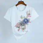 Футболка женская с коротким рукавом, хлопковый топ большого размера с цветочной вышивкой, 2021