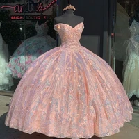 rose pink quinceanera dresses sweet 16 princess off shoulder tulle lace sequins pageant ball gown for girls vestidos de 15 anos