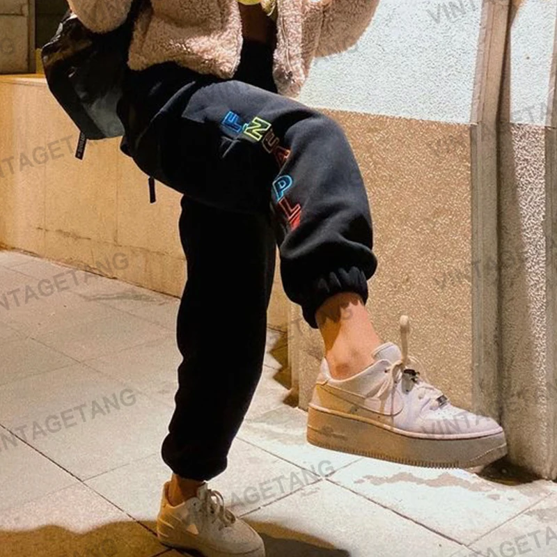 

B-TOTO American Retro Black Letters Loose Casual Pants Women's Trendy Ins Sports Trousers 2021 New Fashion