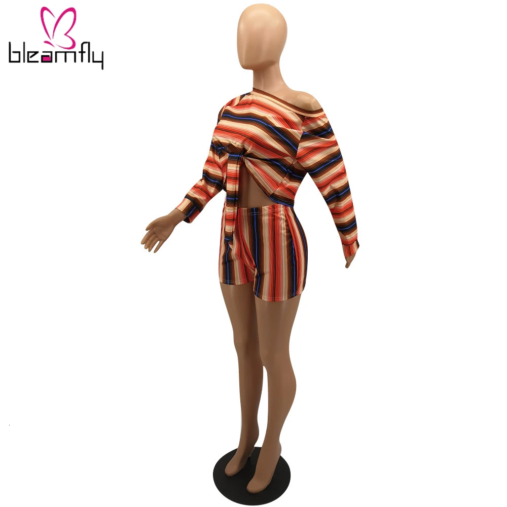 Женский Осенний Цветной полосатый принт с открытыми плечами длинный рукав
