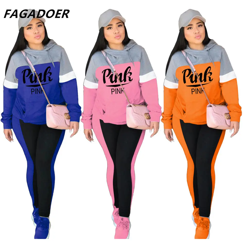 FAGADOER 2021 New Pink Letter Print Tracksuits Women Color Patchwork Sweatsuit Hoodies+Pants 2pcs Sporty Outfit Winter Sportwear