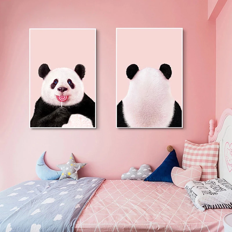 

Abstract Wall Art Vivid Pink Panda with Lollipop Paintings Canvas Posters and Prints for Living Room Bedroom Corridor Decoration