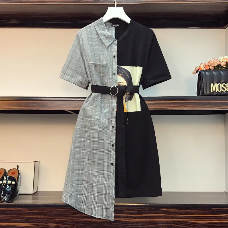 

EHQAXIN Summer Plus Size Women's Dress Fashion New Irregular Lattice Stitching Button Short-Sleeved Dress Ladies With Belt L-4XL