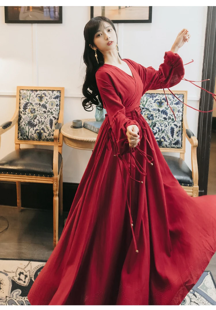 YOSIMI Maxi Chiffon Red Long Women Dress Bohemian V-neck Lantern Sleeve Full Sleeve Ankle-lenght Female Dress with Sashes