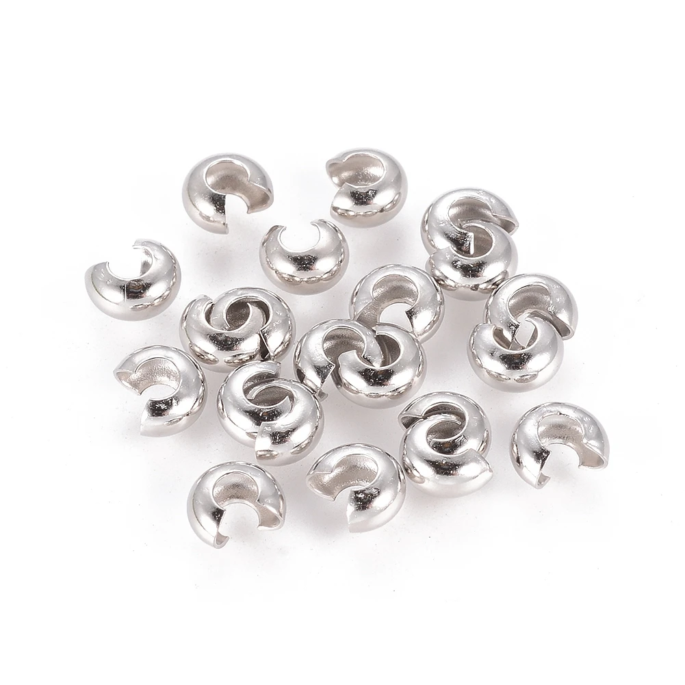 

100pcs Platinum Color Brass Crimp End Beads Covers for Jewelry Making, Nickel Free, Size: about 4mm wide, hole: 1.5~1.8mm