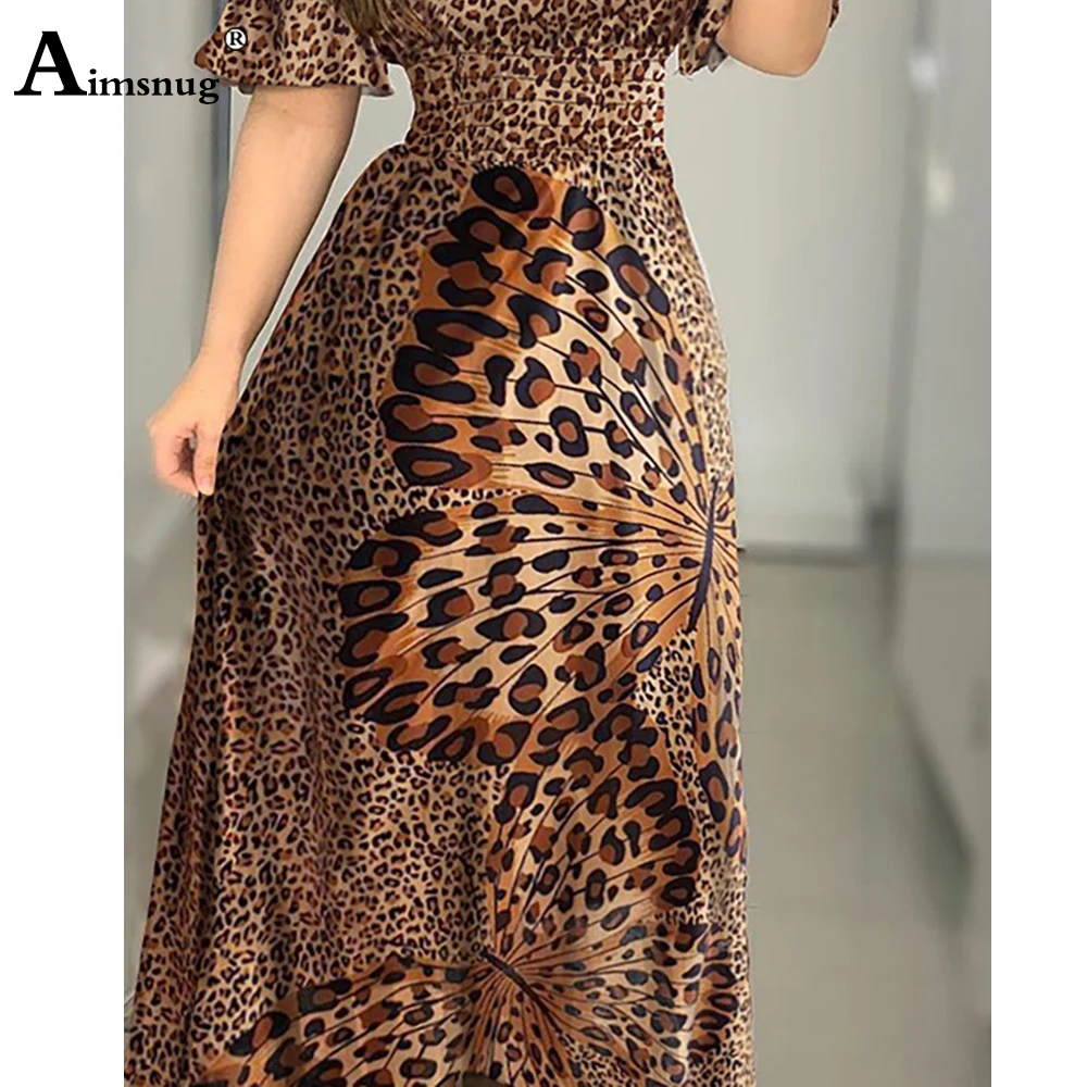 

Sexy Women Long Maxi Dress Slim Waist Leopard Print butterfly Evening Party Dresses Straples Ladies Vintage A-Line Dress Femme