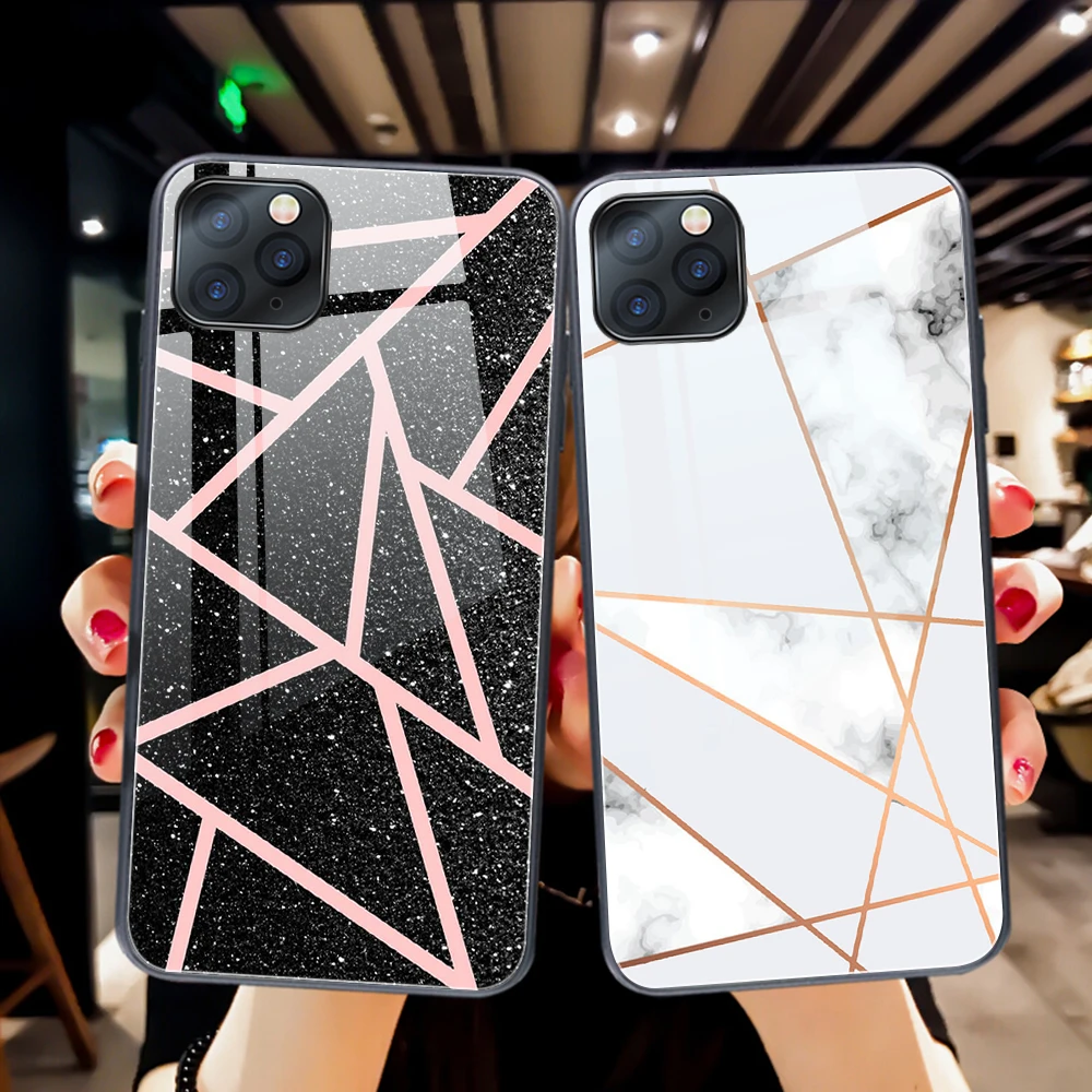 

Luxury Marble Line Art Tempered Glass Case For iPhone 11 12 13 Pro X XR XS Max 7 8 6 6s Plus Mini SE Liquid Silicone Apple Cover