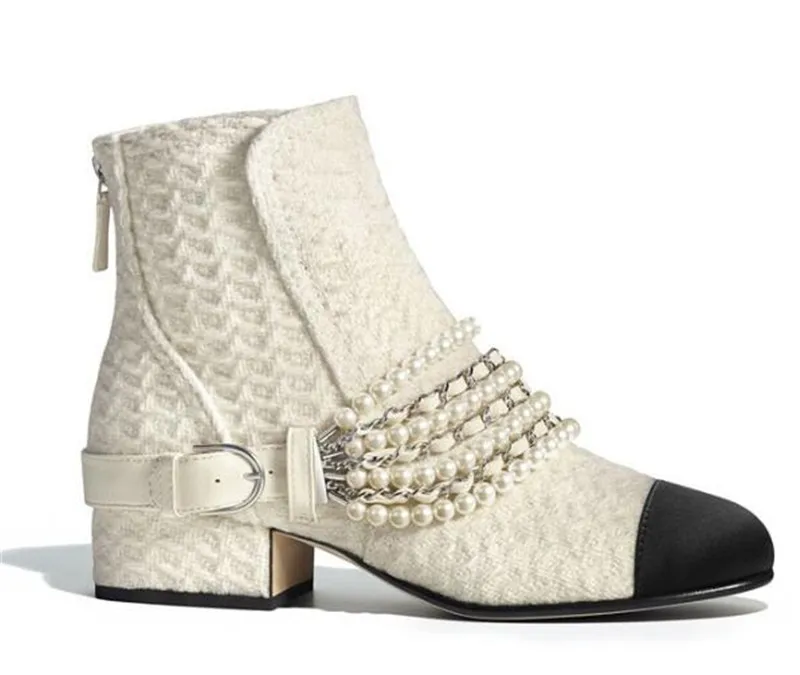Зимние женские ботинки на среднем каблуке с жемчугом разных цветов Брендовые