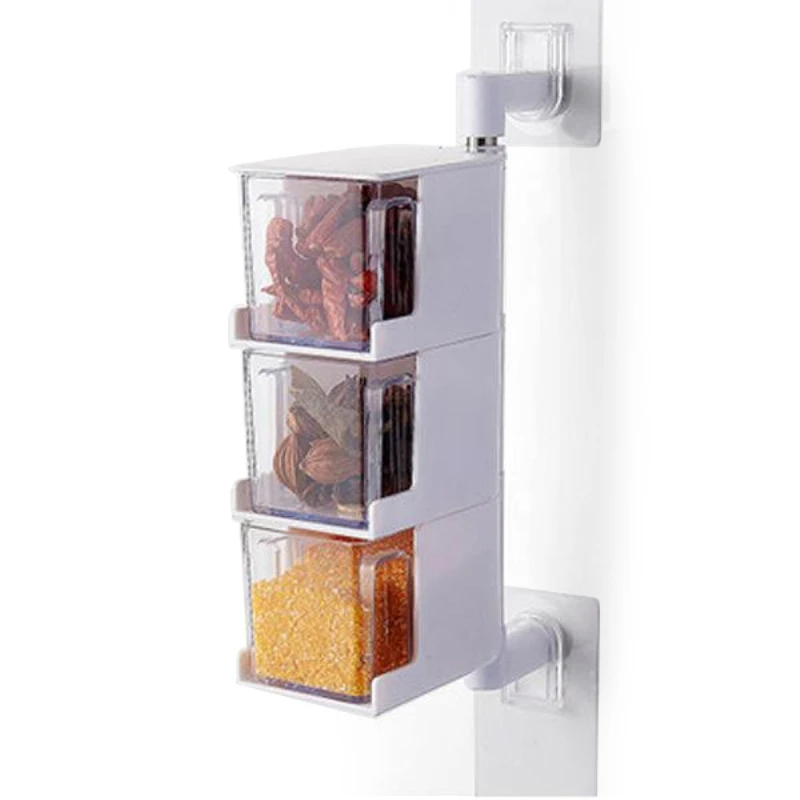 

Wall-mounted Condiment Storage Box Kitchen Condiment Spice Jar Creative Rotation Classification Salt Sugar MSG Kitchen Storage