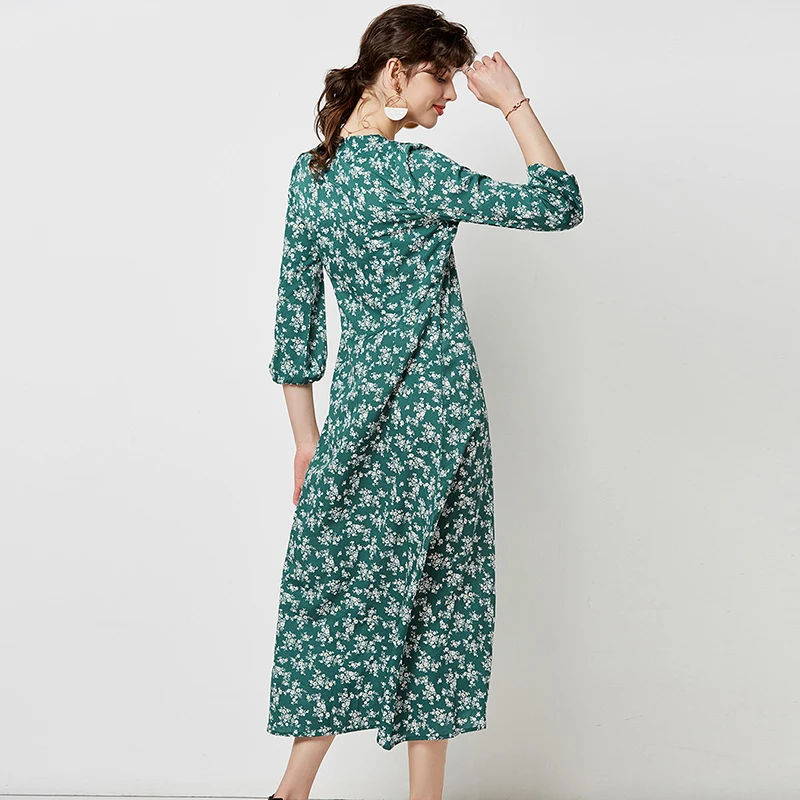 

ZOGAA Spring Autumn Elegant Floral Print Midi Dress V Neck Button Casual Tunic Shirt Dress Lantern Sleeve Split Boho Long Dress