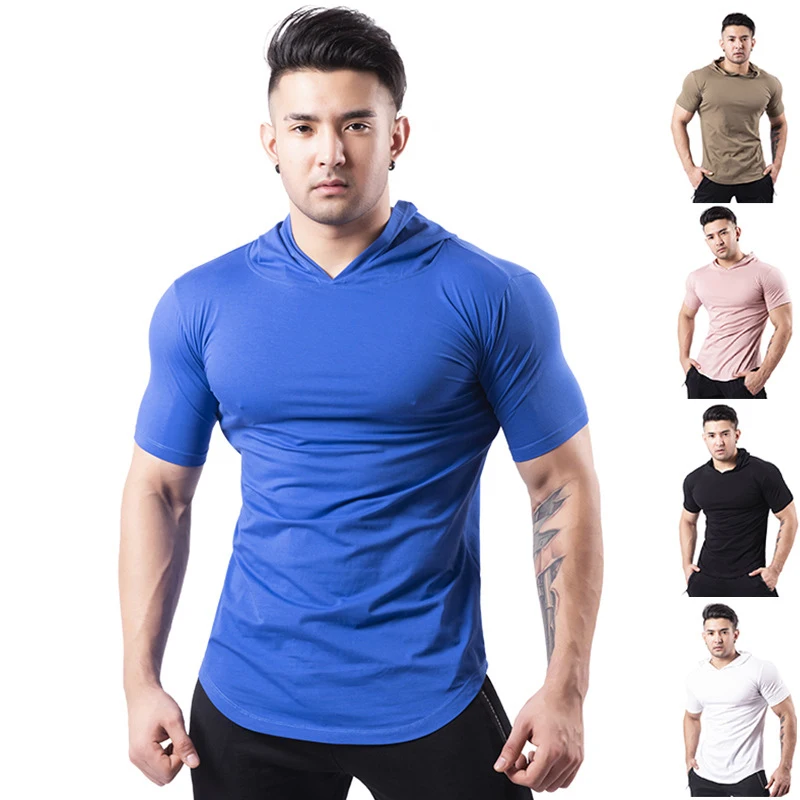 

Men's Fashion Summer Short Sleeve Hoodie T-Shirts Sweatshirt Tops Gym Sports Slim Fitness Hooded Sportswear Tees PSEN999