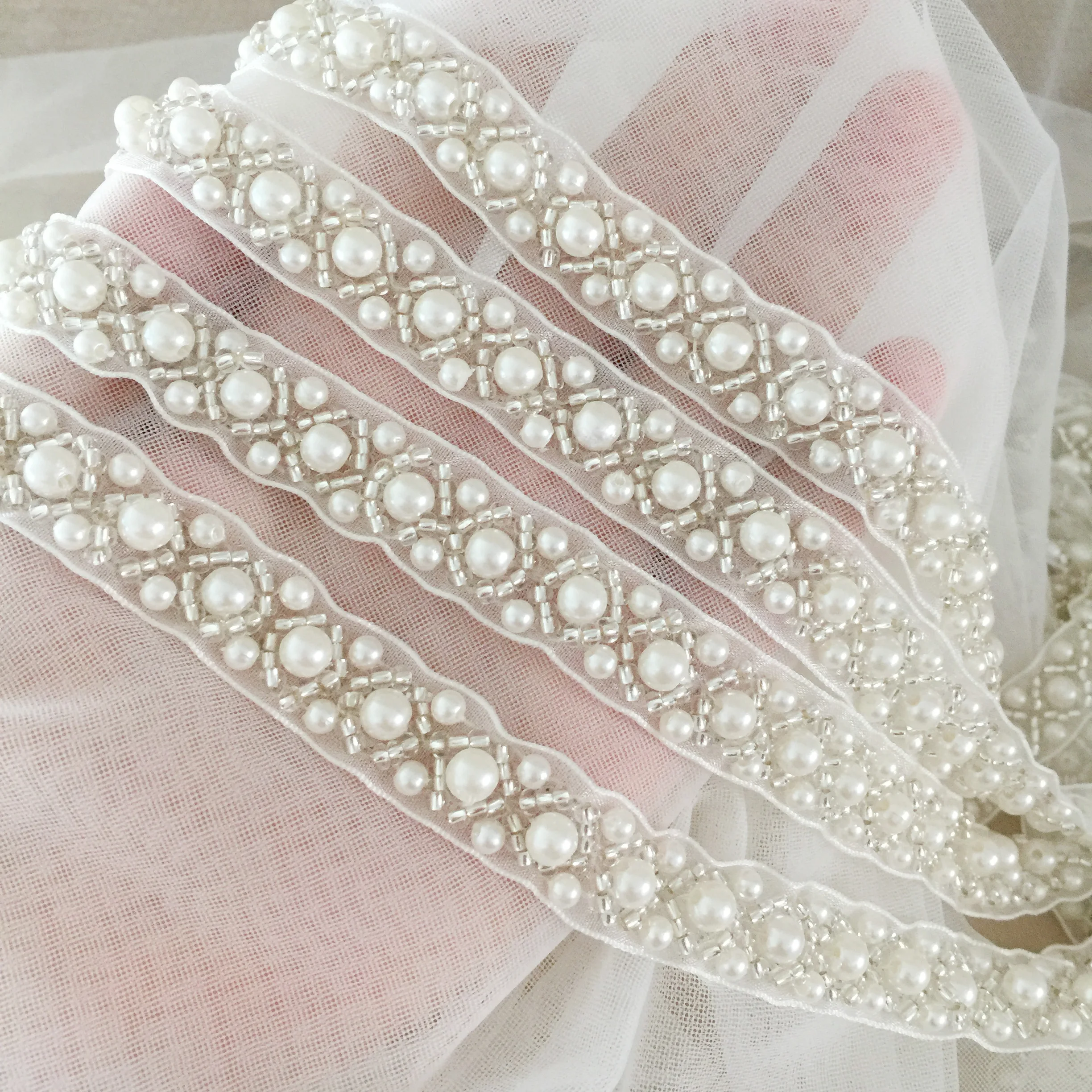 

5 Yards Ribbon Pearl Beaded Lace Trim in Ivory , Bridal Veil Straps for Wedding Sash, Headband Jewelry Costume