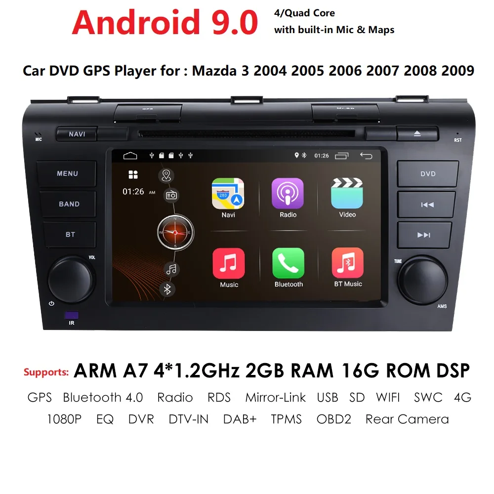2DIN 1024*600 четырехъядерный Android9.0 подходит для Мазда 3 2004-2009 автомобильный монитор dvd-плеер навигация gps Радио canbus рулевое колесо DVR карта