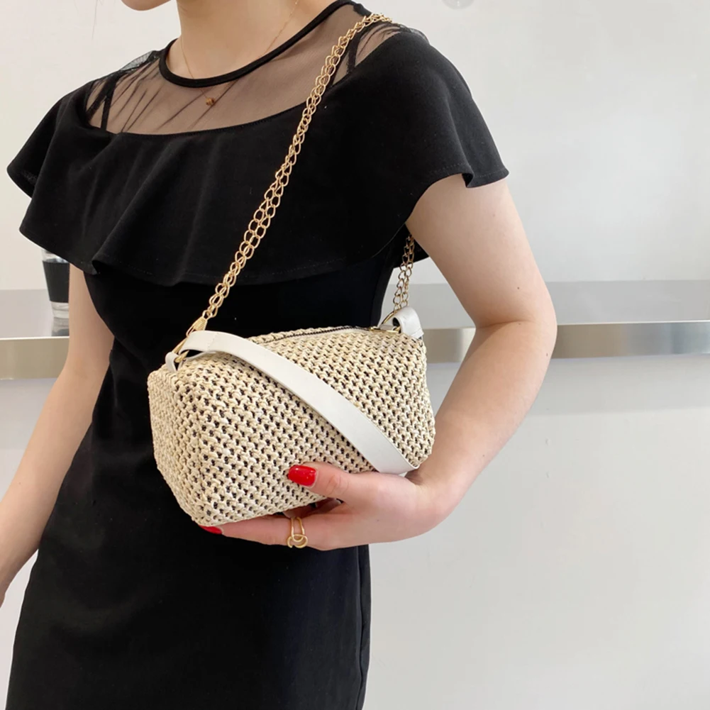 

Summer Straw Crossbody Bag For Women 2021 Woven+PU Beach Travel Shoulder Bags Girls Cylinder Handbags Female Thick Chain Bag