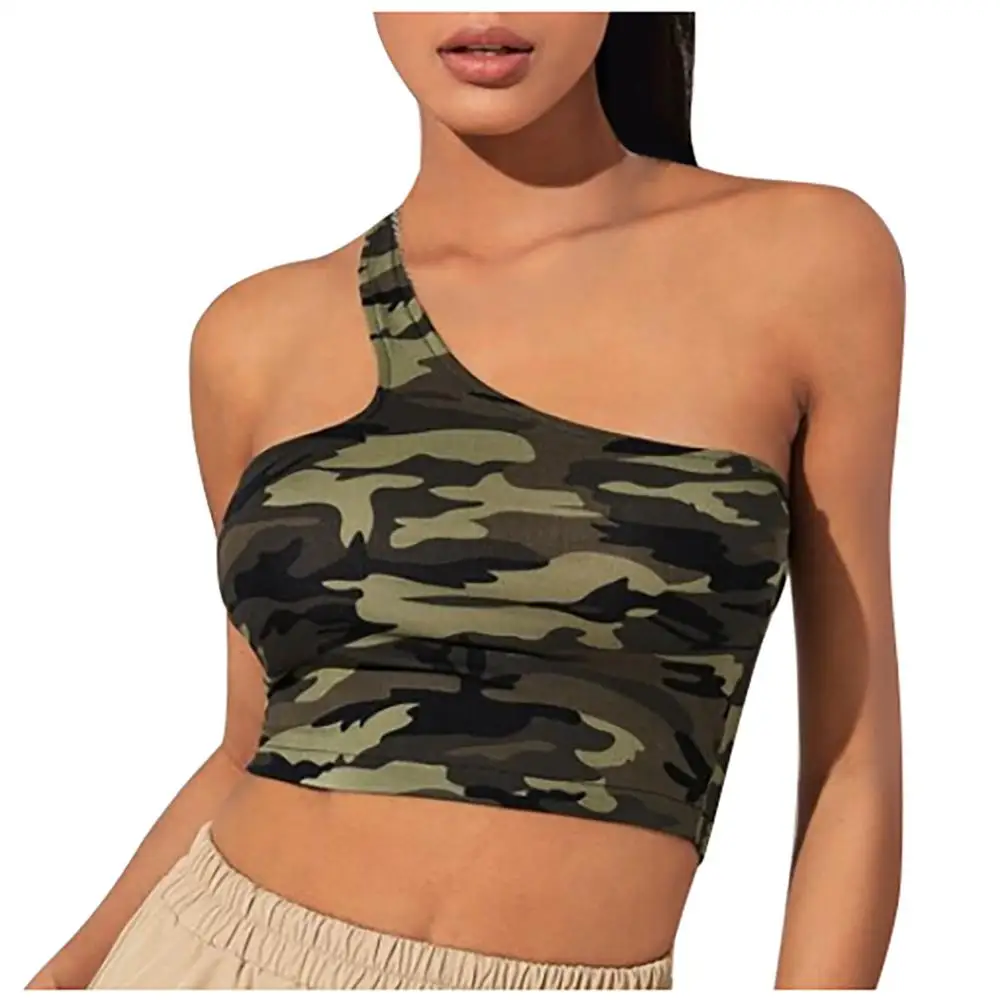 Модный женский Камуфляжный укороченный топ с лямкой на шее летняя повседневная