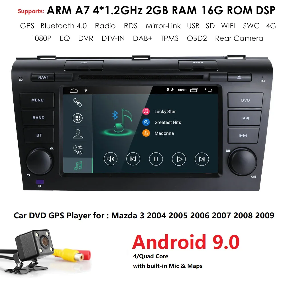 1024*600 2G+ 16G Android9.0 gps navi автомобильный dvd-плеер Радио стерео для MAZDA 3 2004-2009 wifi DAB Mirrorlink задняя камера SWC DVR 4G