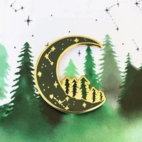 forest on the moon hard enamel pin cartoon green crescent moons metal brooch accessories fashion lapel backpack pin jewelry gift