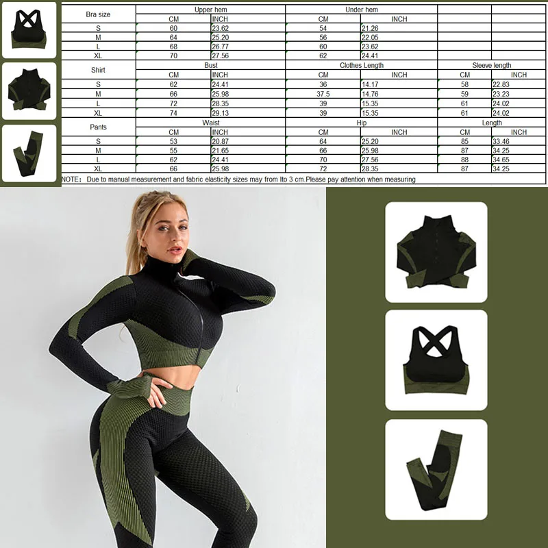

3PCS Seamless Women Yoga Set Workout Sportswear Gym Clothing Fitness Long Sleeve Crop Top High Waist Leggings Sports Suits