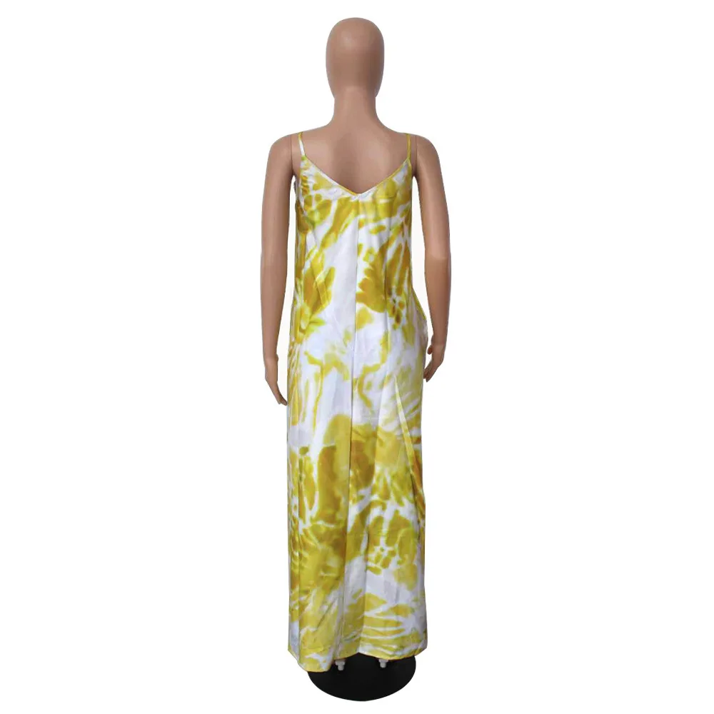 

Spaghetti Strap Women Long Party Dresses Summer Tie Dyeing Print Sleeveless Vacation Dress Vintage Side Pockets Backless Vestido