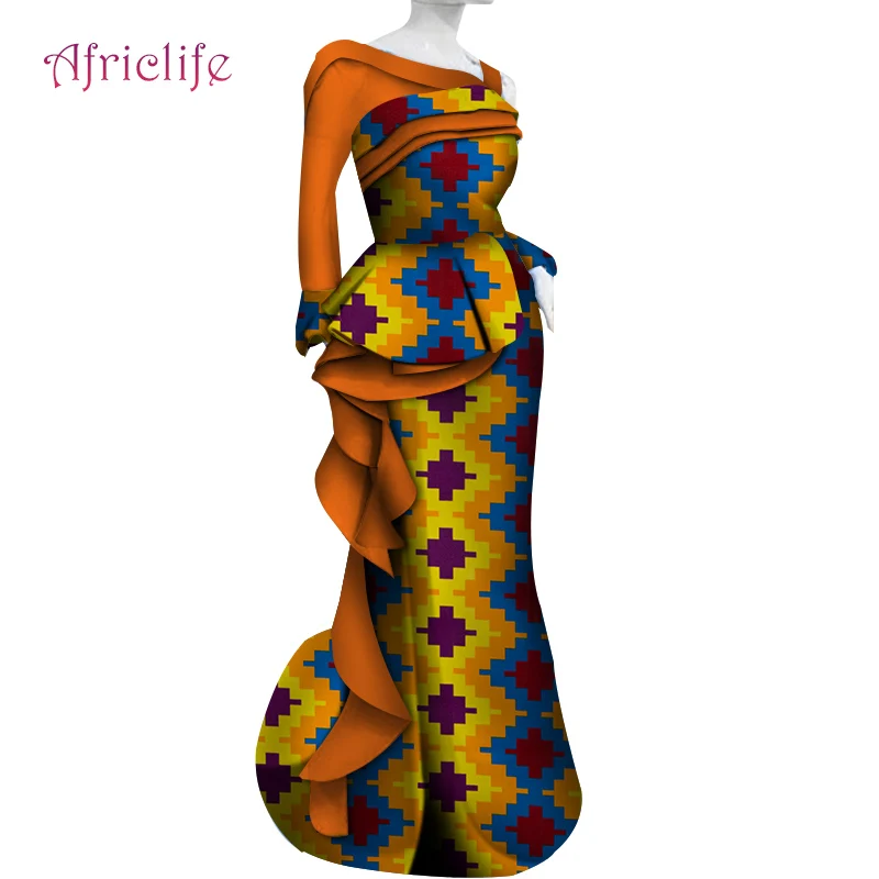 Bazin Riche, африканская Женская одежда, сексуальные Лоскутные Платья с оборками, Длинные вечерние платья, платья с принтом в африканском стиле, WY4226