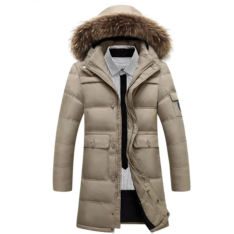 Мужская зимняя приталенная длинная куртка на утином пуху с капюшоном и