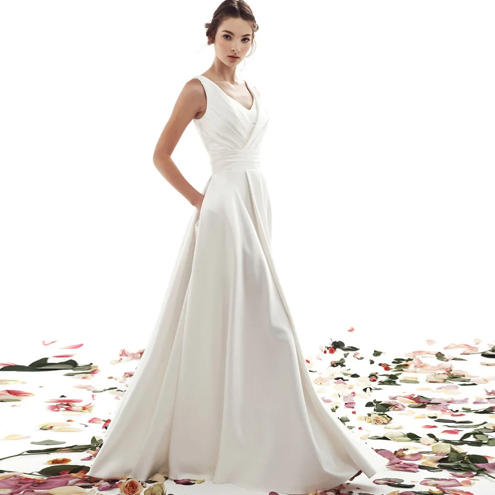 

Simple V-Neck Wedding Dress Pleat Ruched A-Line with Pockets Sweep Train Lace Up Back Jersey Sleeveless Custom Made Bridal Gowns