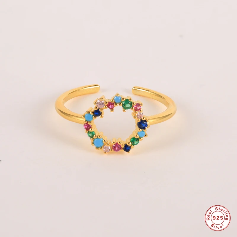 

Aide 925 Sterling Silver Colorful Crystal Mosaic Opening Rings For Women Dainty CZ Round Flower Circle Garland Adjustable Rings