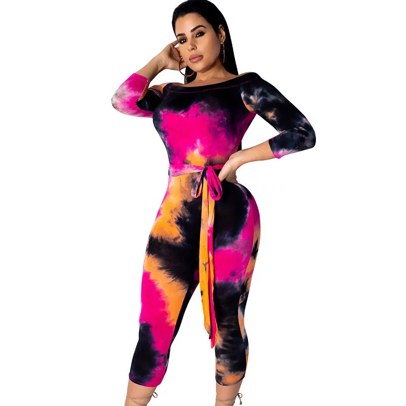 

Women Tie Dye Print Jumpsuit Off The Shoulder Skinny Calf-length Pants Bodycon Rompers Casual Fitness One Piece Outfits Sashes