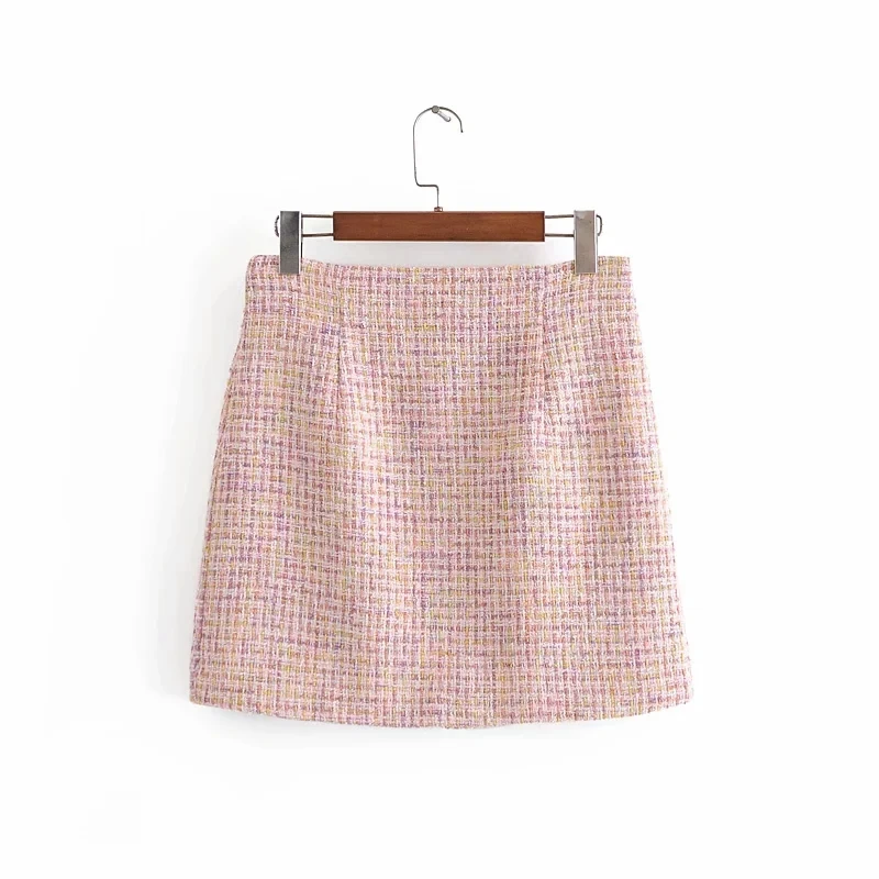 

Vintage Sweet Sequined Plaid Tweed Mini Skirt Women Fashion Back Zipper High Waist Skirts for Girls Chic Faldas Mujer