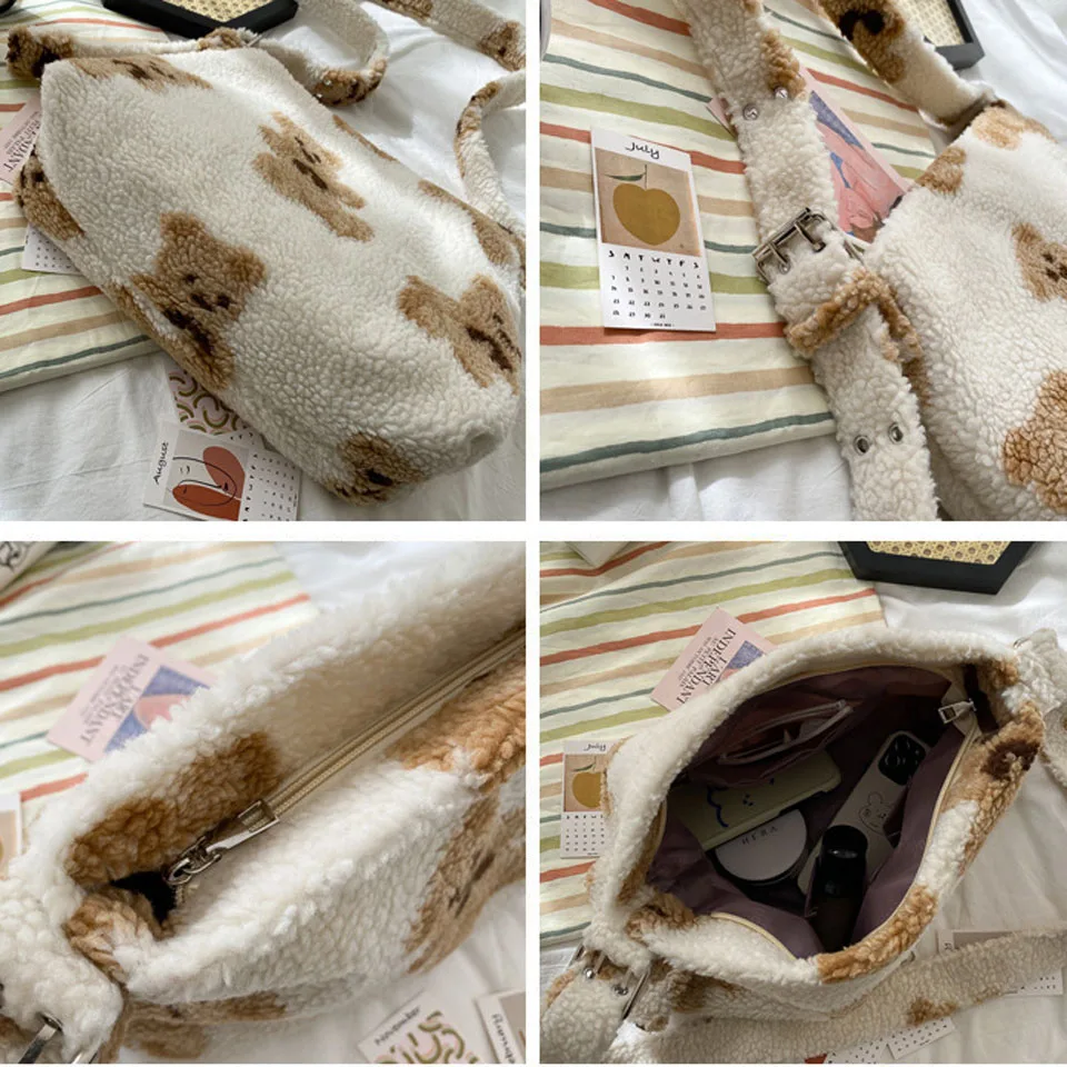 

Winter Cute Bear Shoulder Bags for Women 2021 Crossbody Tote Bag Like Lamb Fabric Large Shopping Bags Handbags Girls School Bag