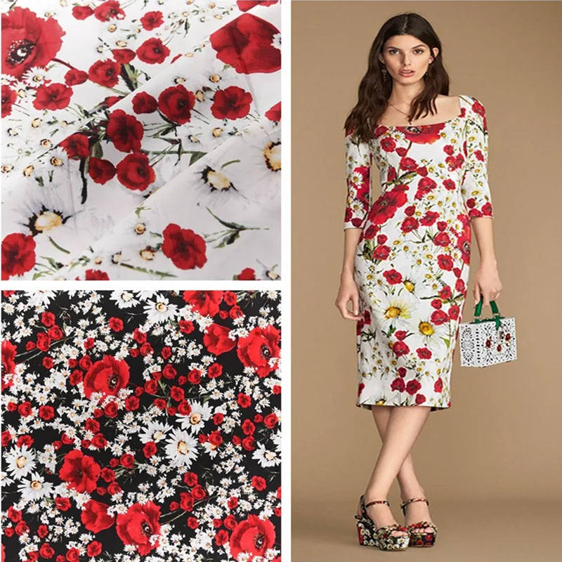 

New black and white chrysanthemum rose printing high-density cotton fabric handmade diy cloth garment fabric for dress sewing