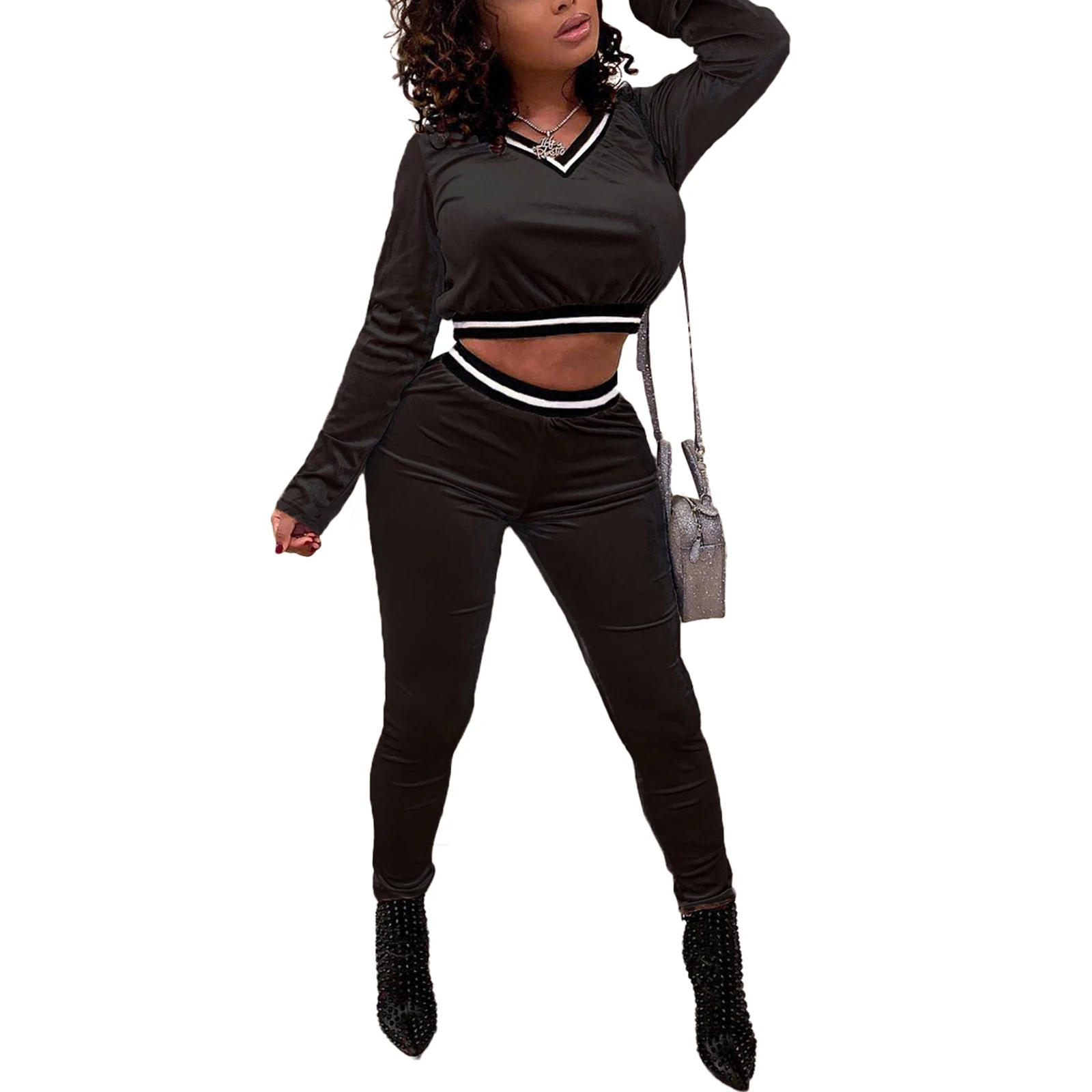 

2021 New Women Ladies Casual Two Piece Clothes Fashion Golden Velvet Long-sleeved Exposed Navel Crop Top and High Waist Trousers