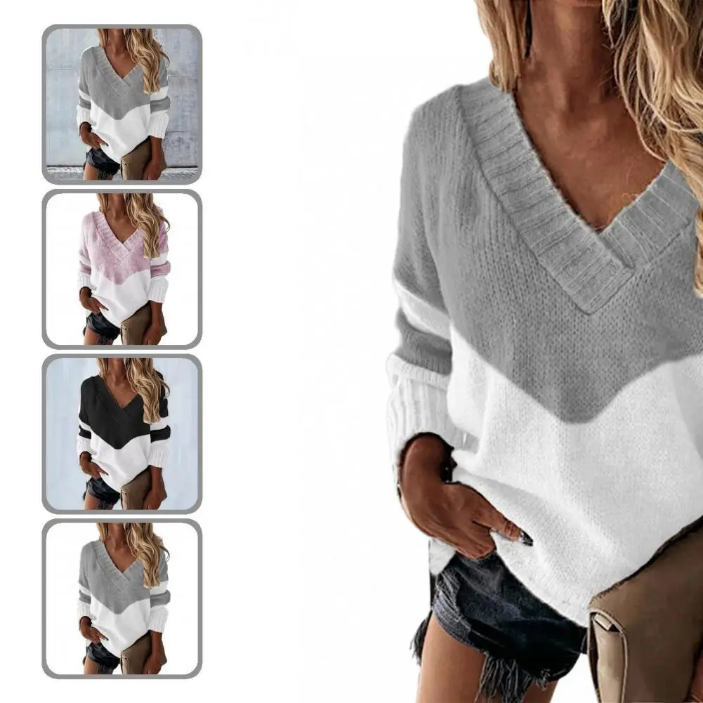 

Women Stylish Patchwork V Neck Sweater Pullover Knitted Sweater All Match for Office