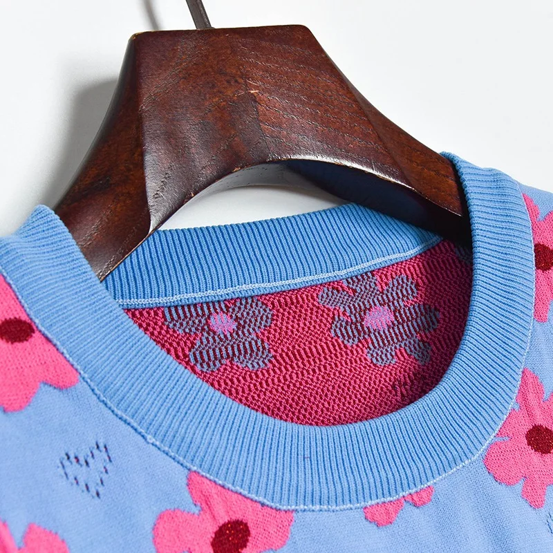 Жаккардовая трикотажная женская футболка с цветочным принтом топы вырезами лето