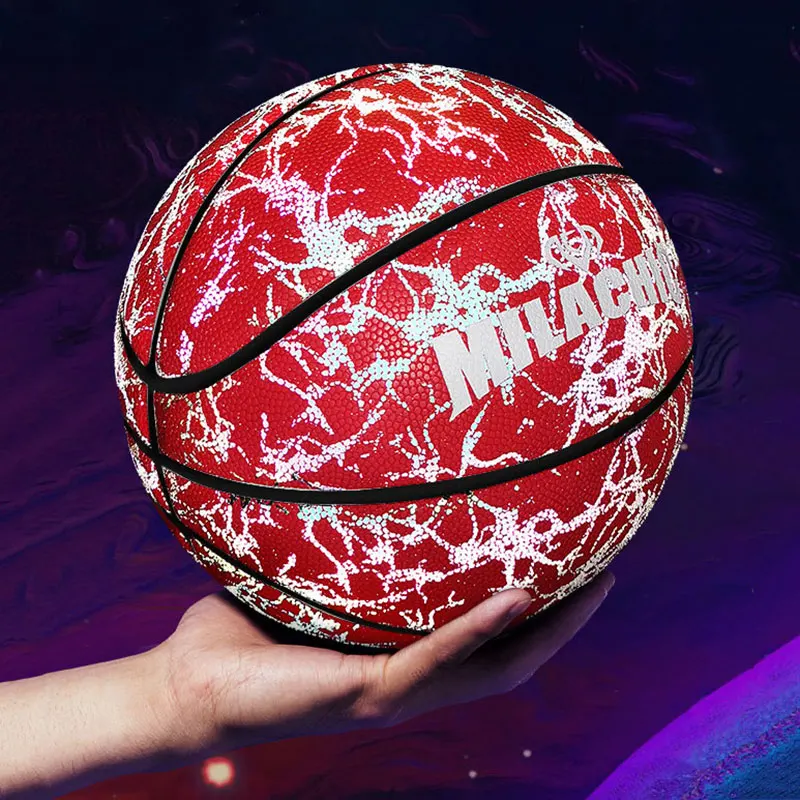 Holographic Basketball Reflective Indoor Outdoor Streetball Moisture Absorbing Glowing PU Basketball Ball Gift