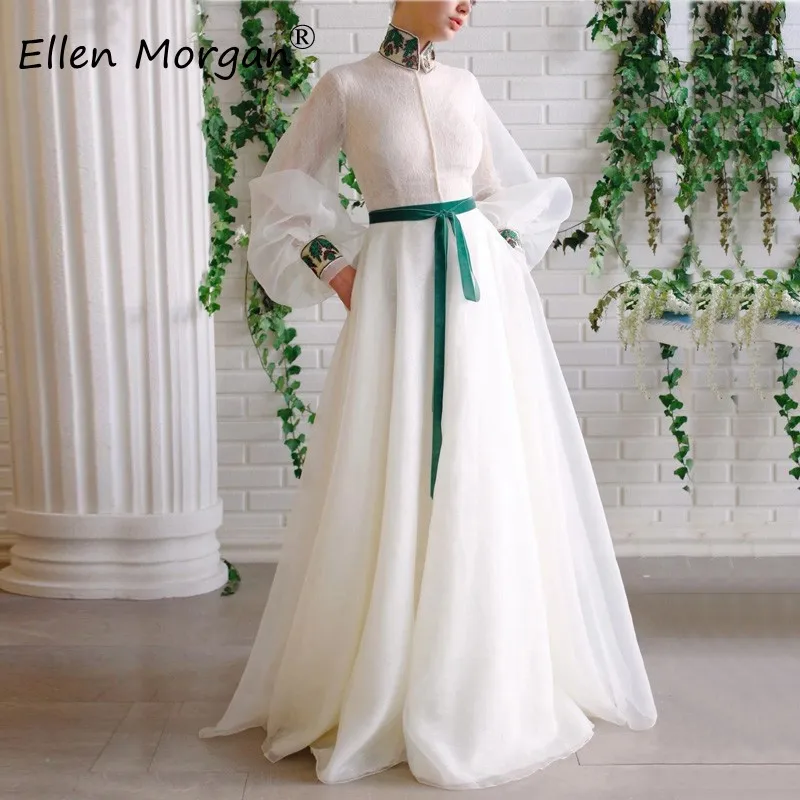 

Арабское, с длинными рукавами Вечерние платья цвета слоновой кости 2020, кружевные ремни с бисером и высоким воротом из органзы мусульманский...