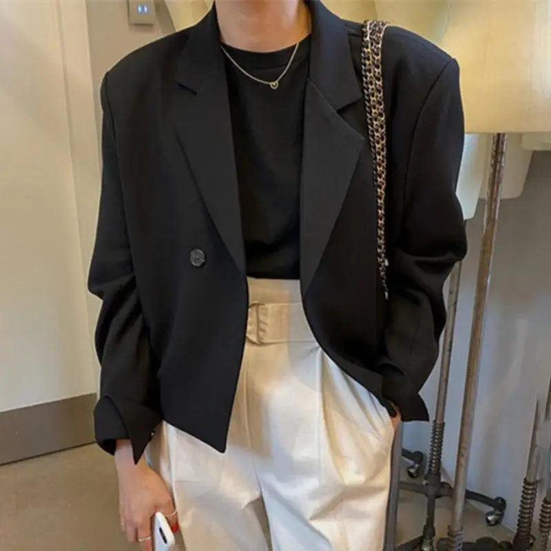 

Женский черный блейзер, осень 2020, модный короткий Блейзер с длинным рукавом на одной пуговице, повседневное Свободное пальто, женская одежд...