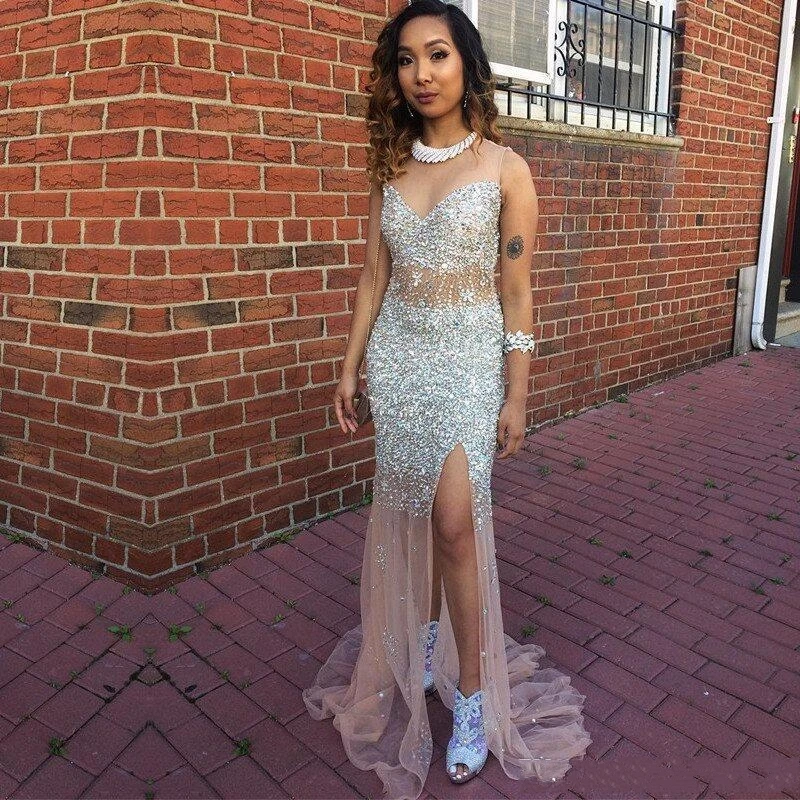 

Женское вечернее платье-русалка, роскошное платье цвета шампанского из прозрачного тюля с бисером и разрезом сбоку, для выпускного вечера