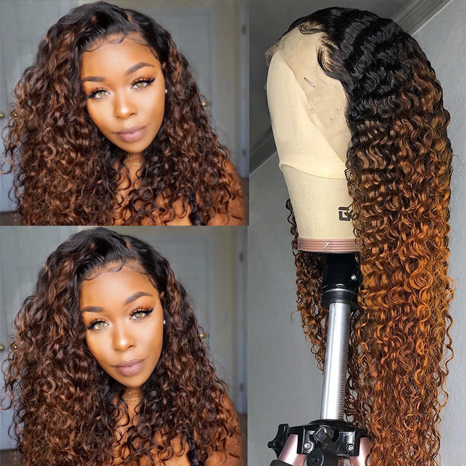 Murah Spark Ombre Renda Depan Rambut Manusia Wig Mongolia Afro Kinky Curly Digunakan Dipetik 13*4 & 4*4 Renda Frontal Wig Rambut Manusia Wig Remy
