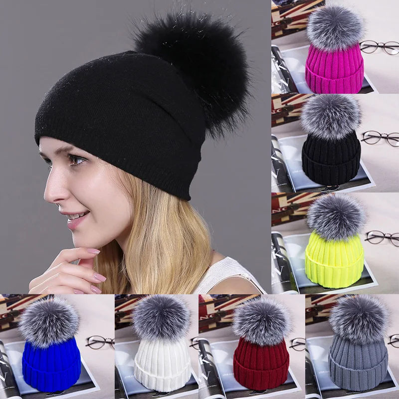 Зимние теплые шапки для женщин Skullies Beanies Pom толстые вязаные мягкие Меховые с